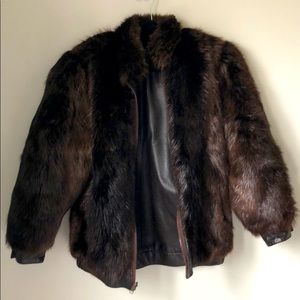 Reversible leather and beaver fur bomber jacket